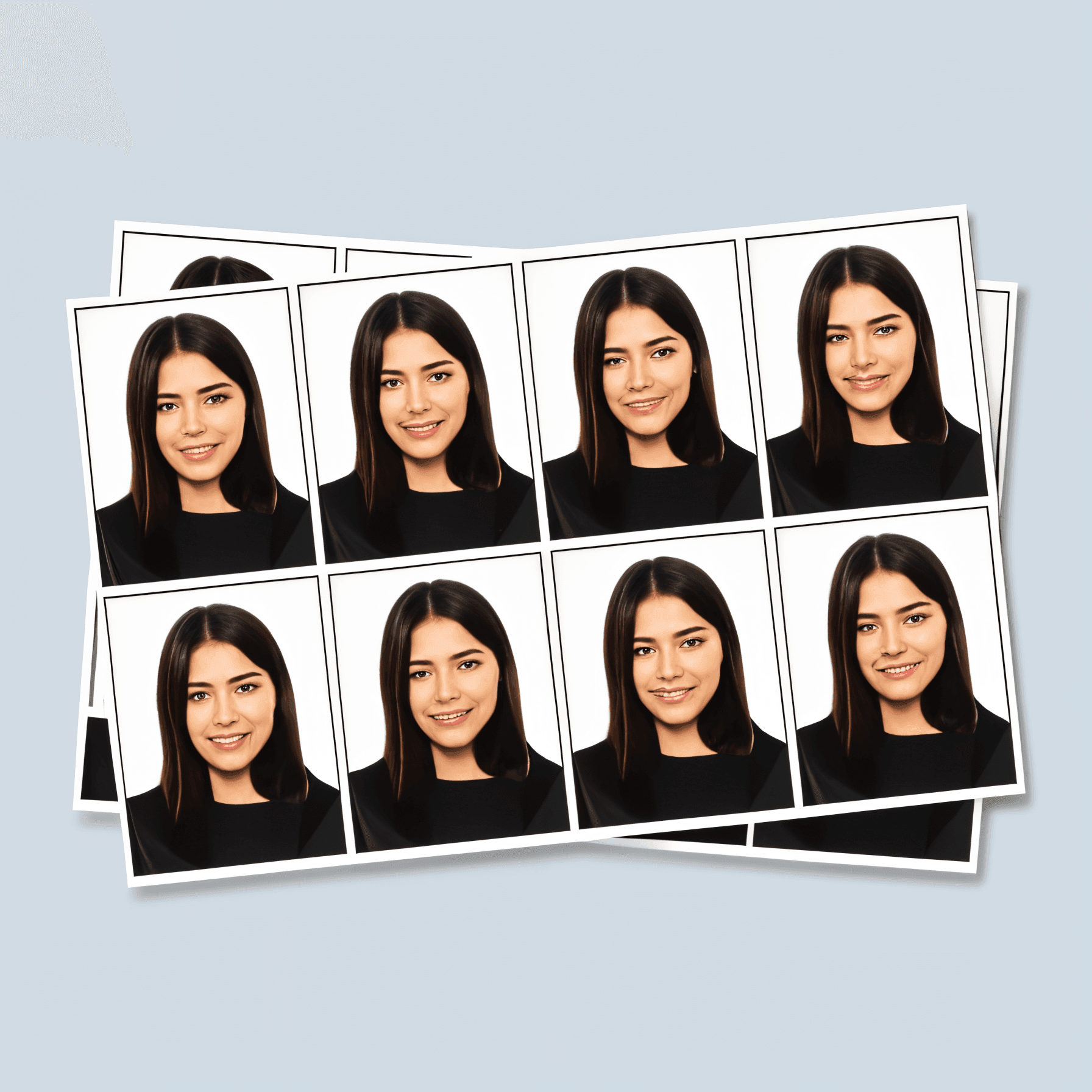 Sheet of identical passport photos featuring a woman with long dark hair against a white background.