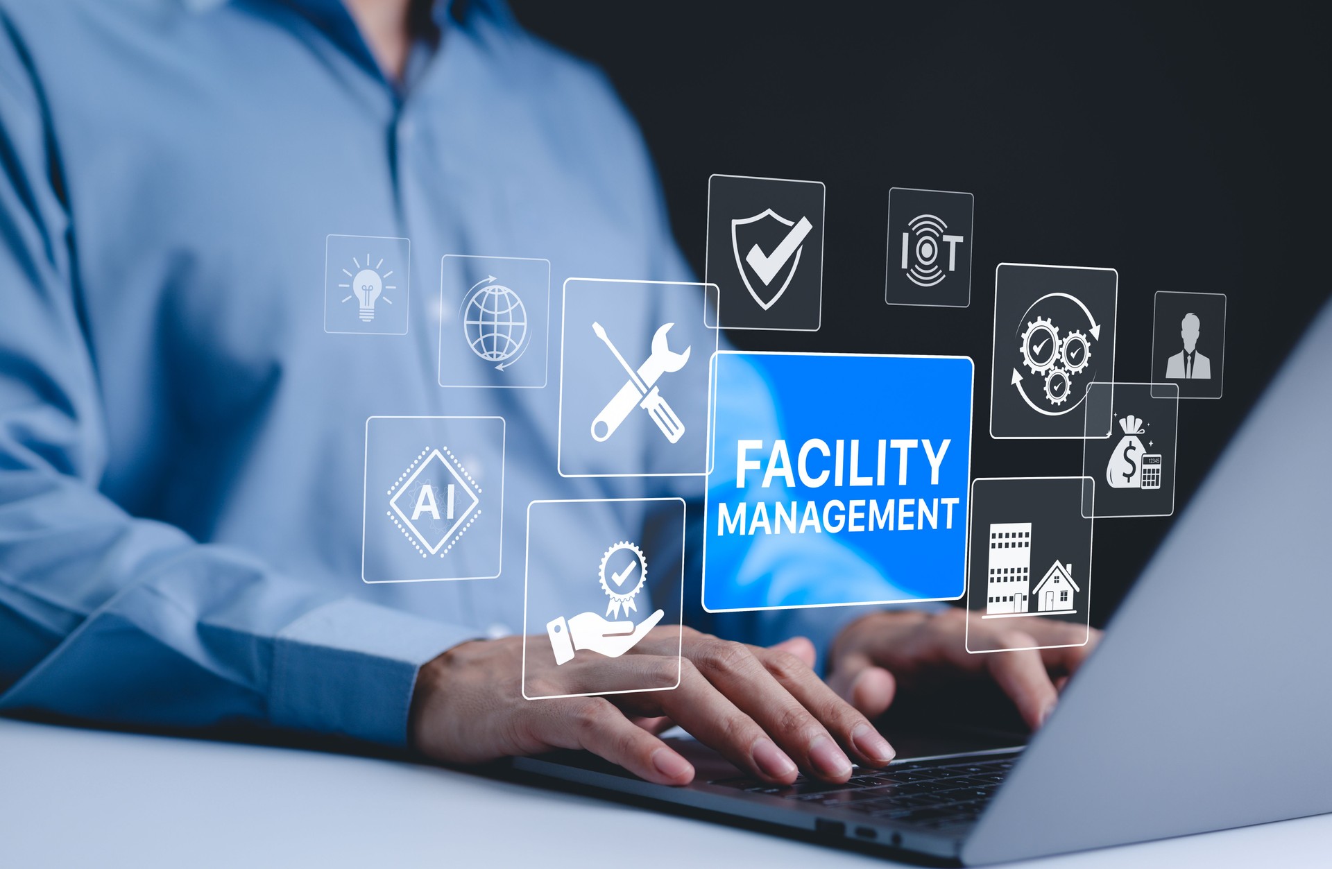 Facility Management and Digital Solutions Concept. Icons related to facility management, maintenance, AI, IoT, security, and optimization. integration of technology in managing facilities efficiently.