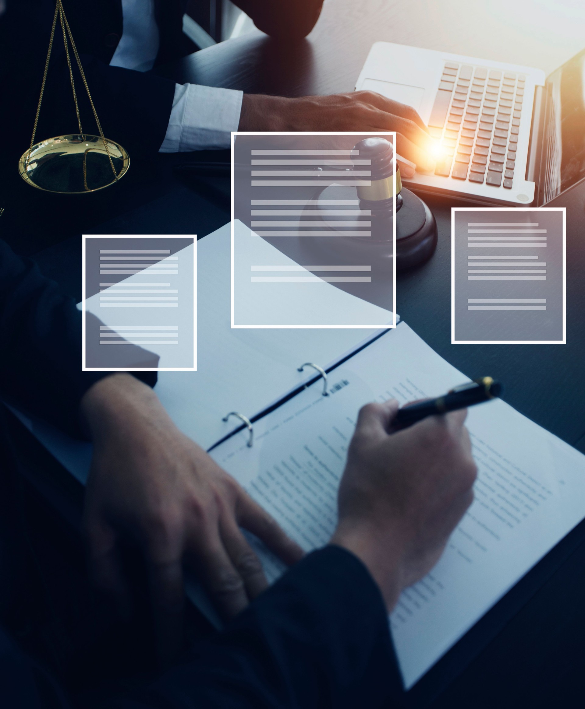 Justice and law concept.Male judge in a courtroom with the gavel, working with, computer and docking keyboard, eyeglasses, on table in morning light